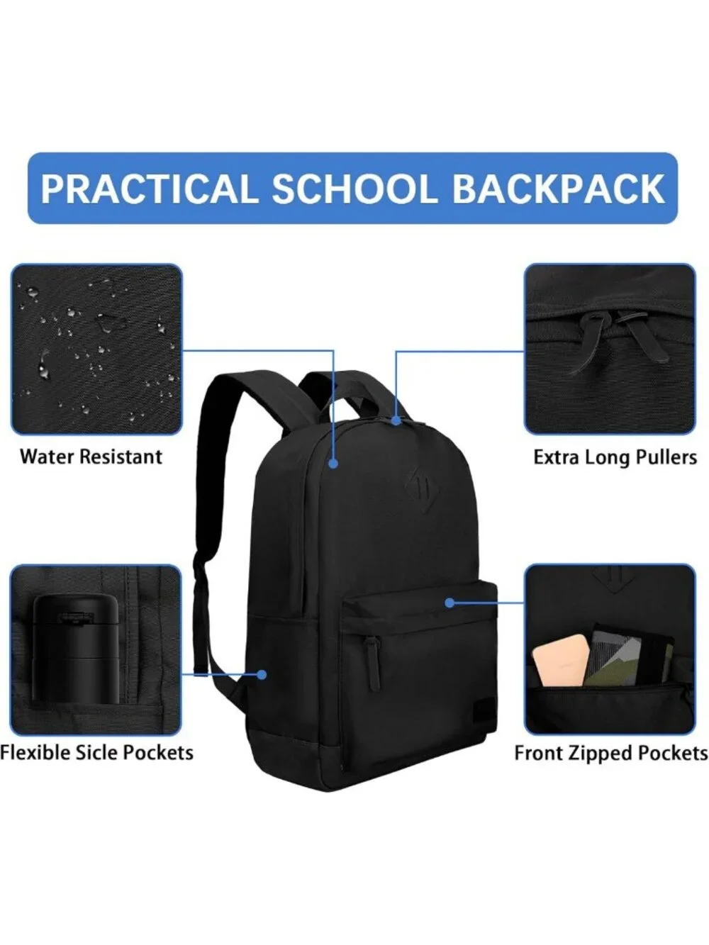 Water Resistant Travel Laptop Backpack, USB Charging, Large Capacity, All Black